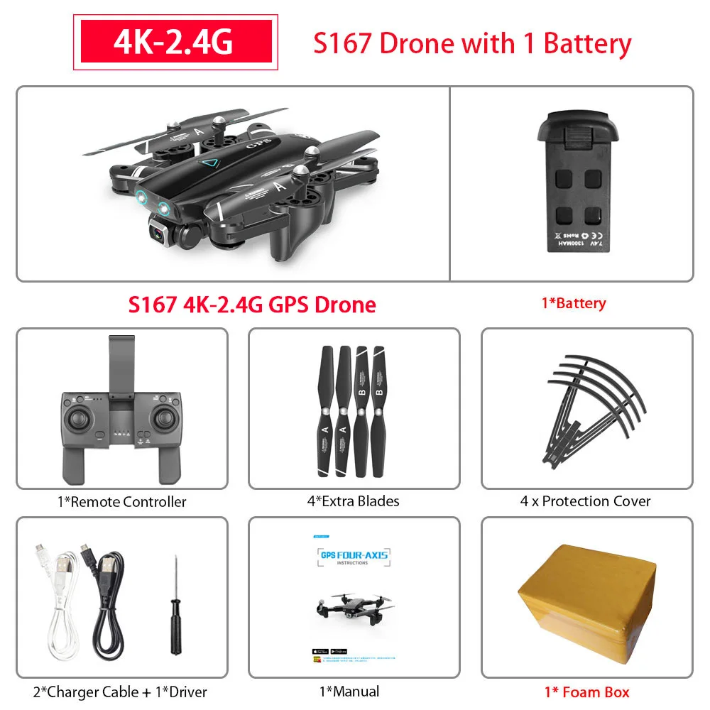 S167 gps Дрон 4K 5G wifi 1080P FPV камера дроны gps следуем за мной высота держать широкоугольный Квадрокоптер с камерой складной Радиоуправляемый Дрон - Цвет: 4K 1B FB
