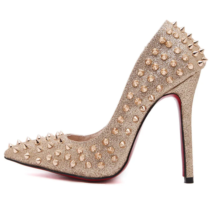 Женские туфли с ремешками и заклепками лодочки на высоком каблуке 12 см острым