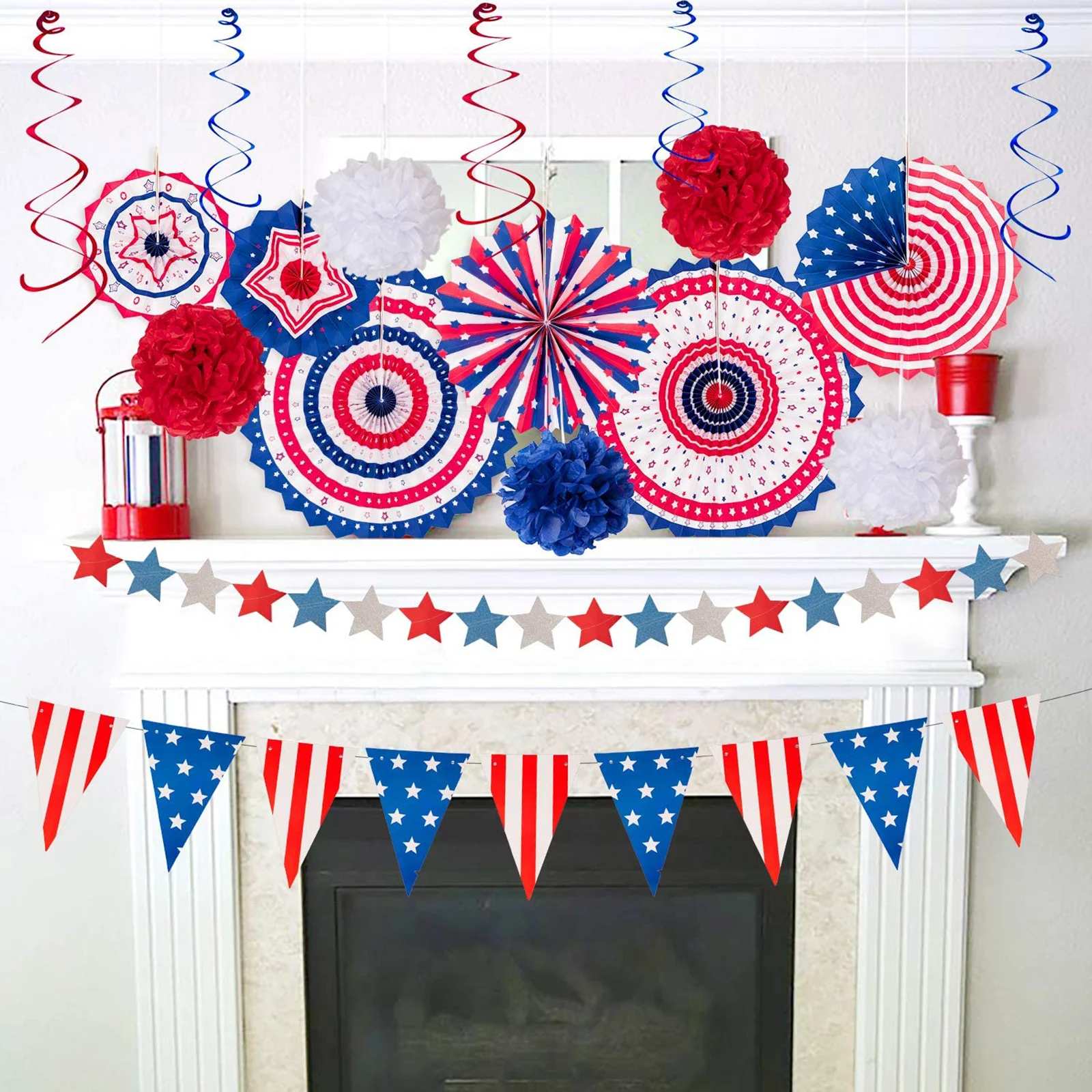

Independence Day Patriotic 4th of July Decor -American Flag Pennant Pom Poms