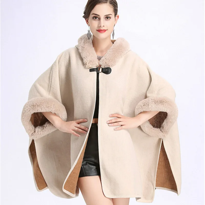 2020 Hooded Cardigan Poncho Capes Women Winter Cloak Long Woolen Coat Cape Warm Faux Rabbit Fur Collar S444 |