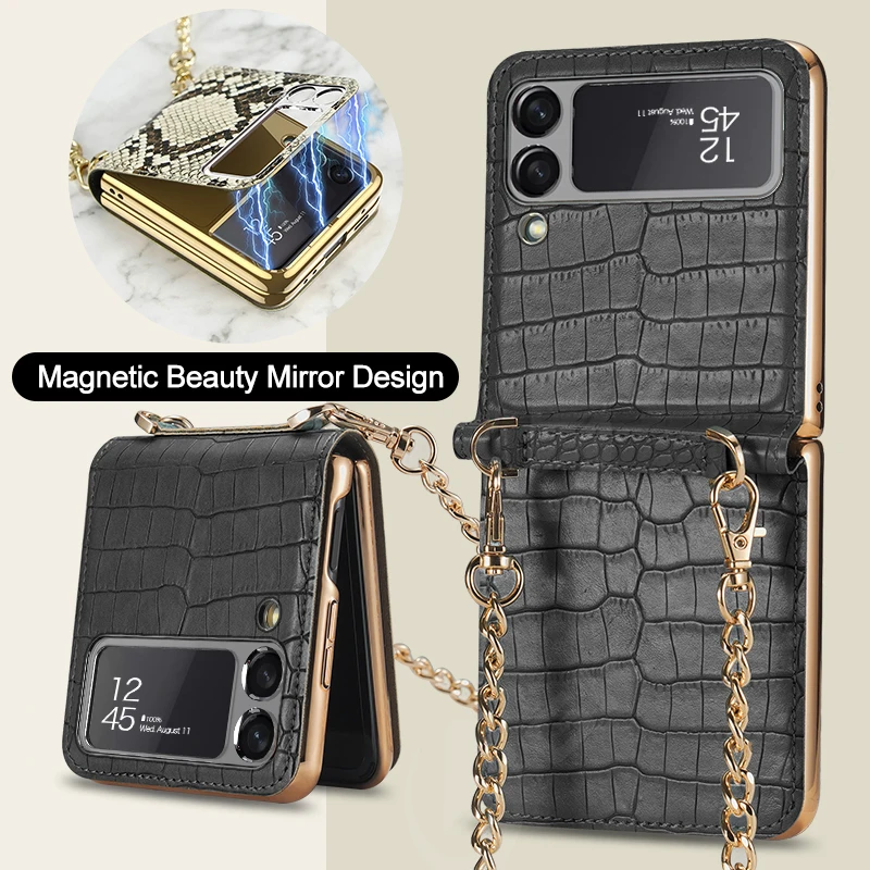 

Роскошный кожаный магнитный складной зеркальный чехол для Samsung Galaxy Z Flip 3, металлический чехол для телефона с флип-браслетом Для Samsung Z, флип-чехол для телефона