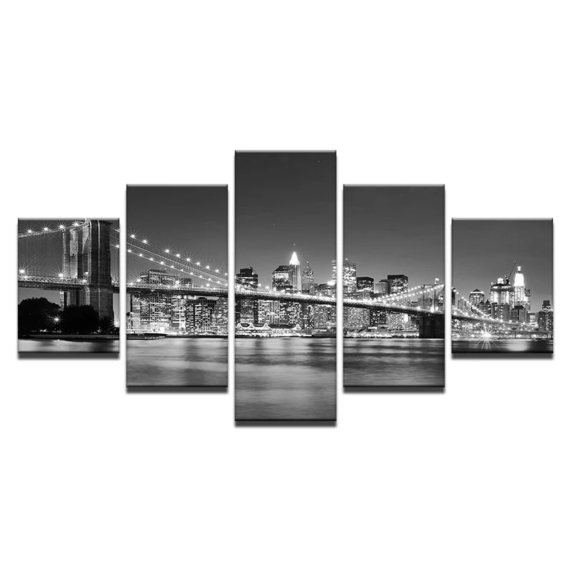 

Black White 5 Pieces Pictures Canvas HD Prints Brooklyn Bridge City Night Scenery Paintings Wall Art Home Decor For Living Room