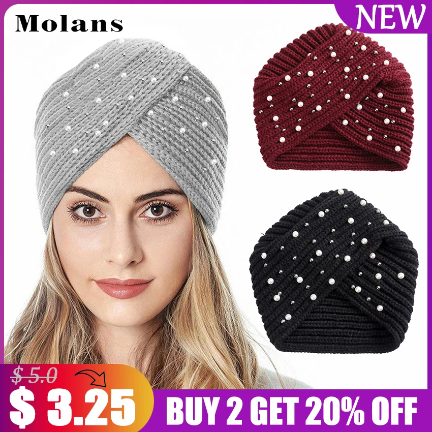

MOLANS Muslim Inner Hijab Caps Bohemia Turban Cashmere Cross Wrap Head Indian Hat Wool Knitting Hijab Bonnet Keep Warm Turbans