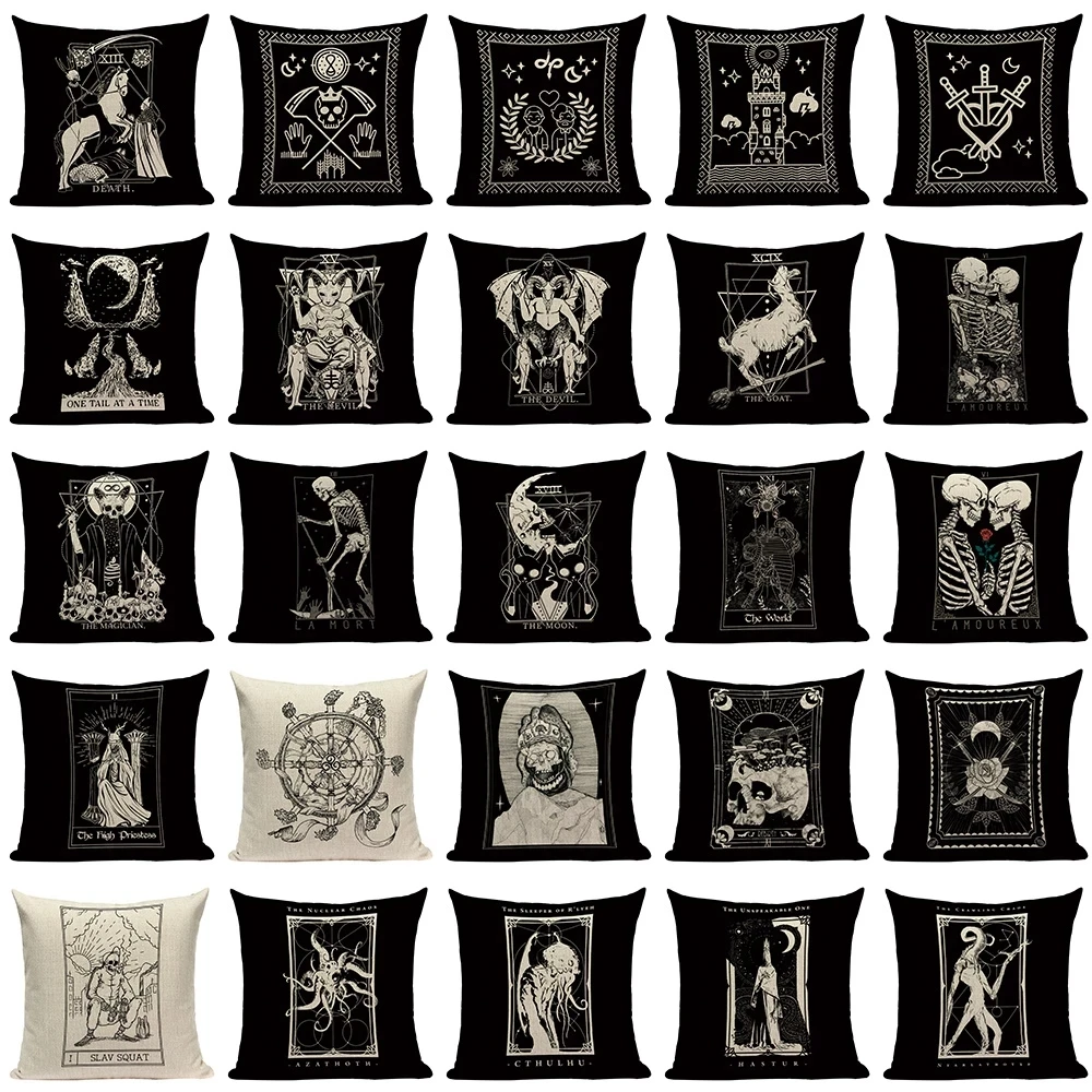 Black Tarot Throw Pillow Cover Mexico Skull Decorative Pillow Covers Horror Ghost Pillow Cases Home Decor Cover 45x45cm 롱쿠션