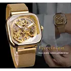 Часы наручные Forsining Мужские механические, автоматические золотистые прозрачные модные часы-скелетоны с автоподзаводом, с сетчатым стальным браслетом