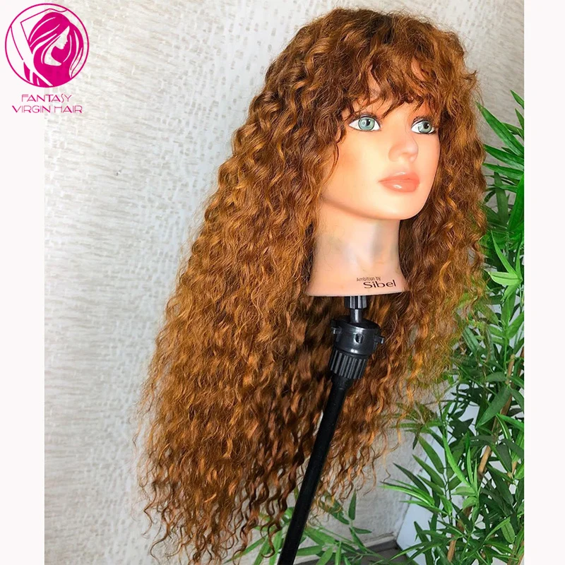 

Kinky Curly Human Hair Frontal Wig 13x4/13x6 Lace Front Wigs with Bangs Auburn Ginger Blonde Malaysian Remy Hair Fringe 150%