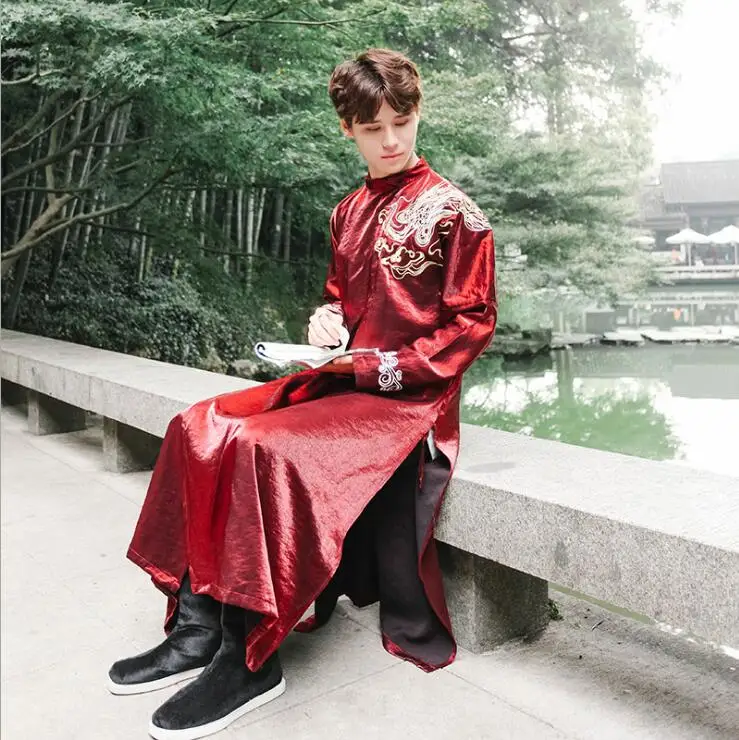 

4 seasons Chinese classic embroidery round necked gifted men robe+leather belt chivalrous style royal guards red casual formal
