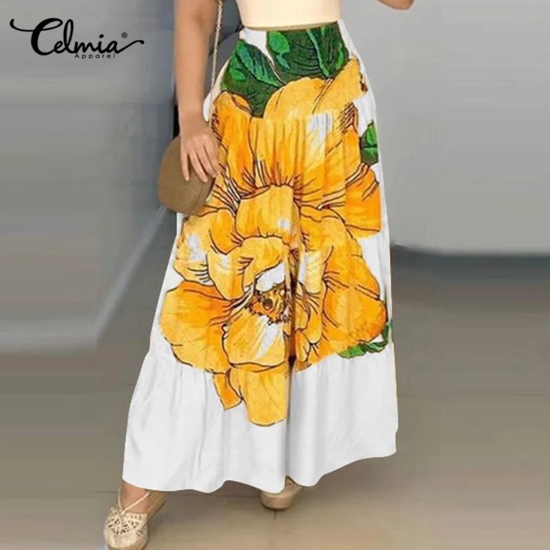 

2022 Summer Women Bohemian Long Skirt Celmia Autumn Fashion Floral Print High Waist Pleated Casual Loose Beach Long Skirts Robe