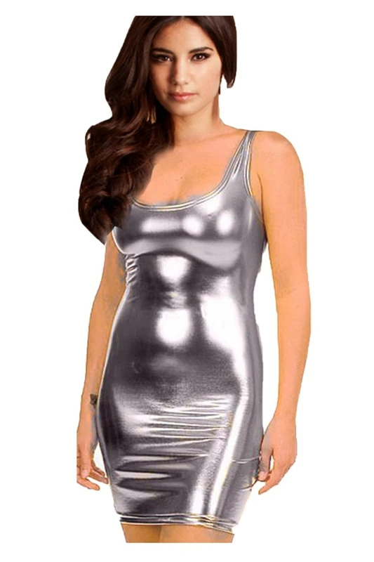 

Women's Synthetic Leather Metallic Clubwear Mini Dress Silver