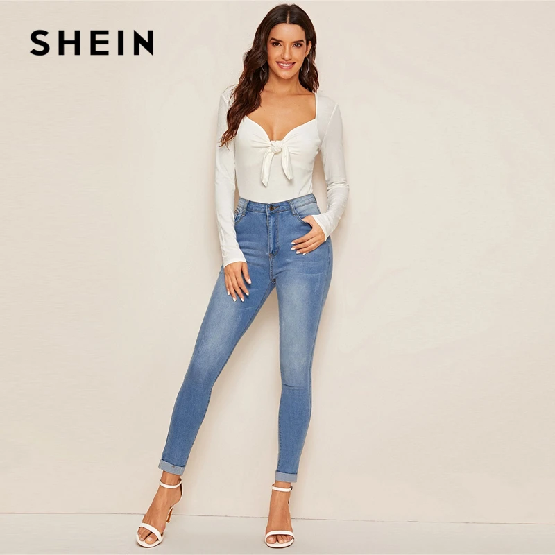 

SHEIN Solid Sweetheart Neck Form Fitting Elegant T-Shirt Women Tops 2019 Autumn Long Sleeve Tie Front Office Ladies Basic Tees