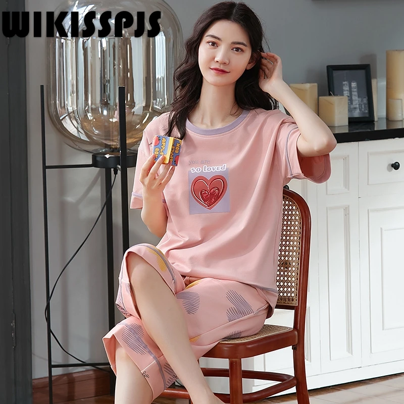 

WIKISSPJS, Новинка лета 2021, комплект из двух предметов, пижама, женская летняя Домашняя одежда, одежда для отдыха с коротким рукавом, комплект из двух предметов, лето