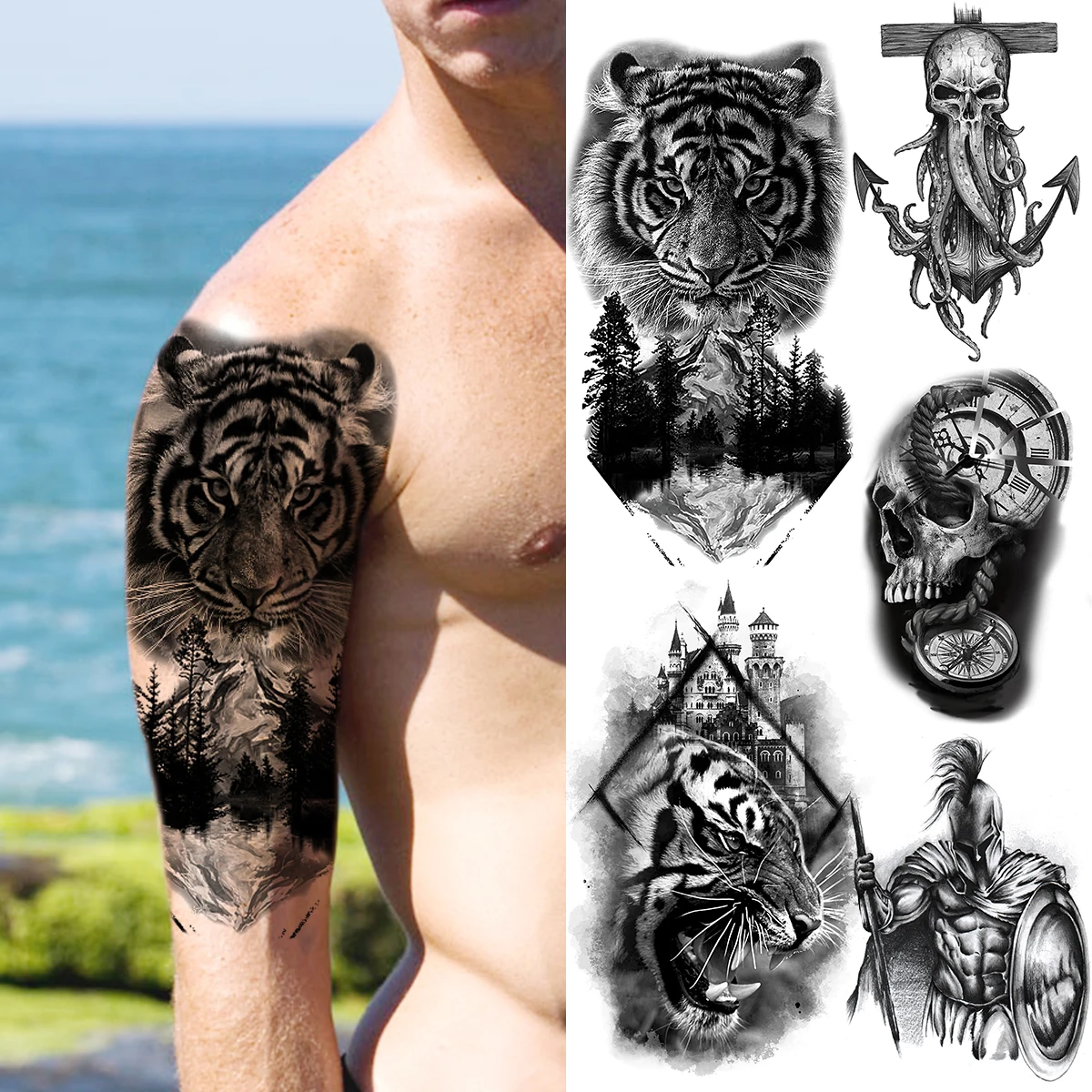 

Реалистичные Временные татуировки для мужчин с изображением Черного Тигра и леса, искусственная татуировка с черепом воина для взрослых, б...