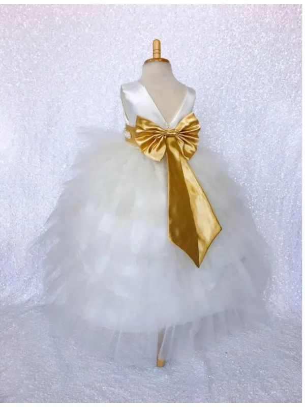 Custom Flower Girl Dress for Wedding Puffy Tulle Big Ribbon Pearls Kids Clothes Girls Pageant Gowns Real Pictures | Детская одежда и