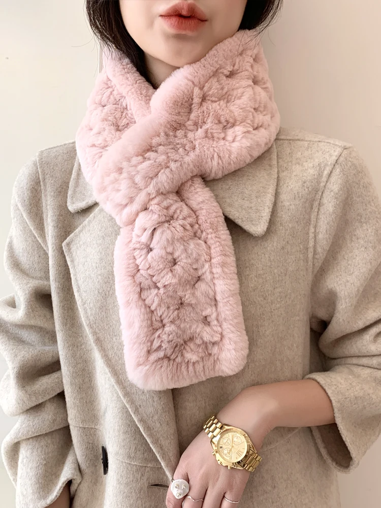 

Winter Fur Scarf Women Real Rex Rabbit Warm Neckerchief Fluffy Soft Hollow out woven Pink Black Beige Grey