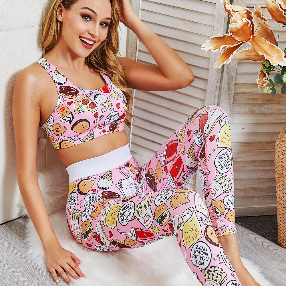 

2021 New Workout Clothes for Women Spring and Summer Cartoon Pattern Yoga Clothes Slim Hip Pants Yoga Suit Sports Fitness Suit