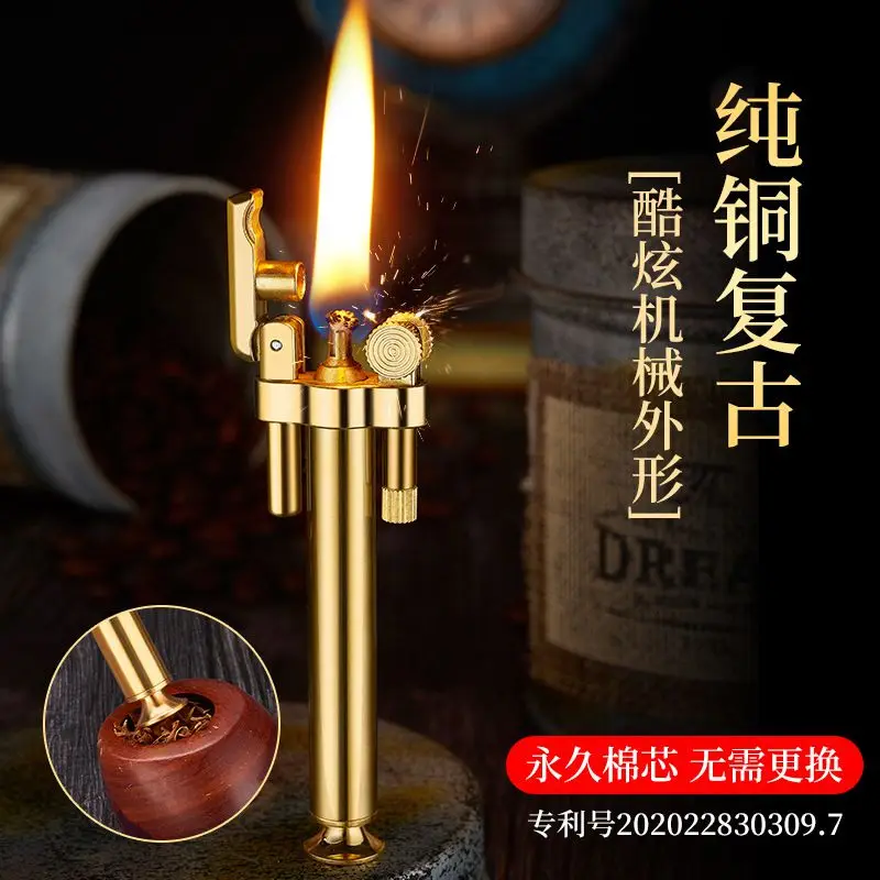 New Creative Retro Pure Copper Kerosene Lighter Without Changing Cotton Core Portable Grinding Wheel Cigarette Lighter Gadget