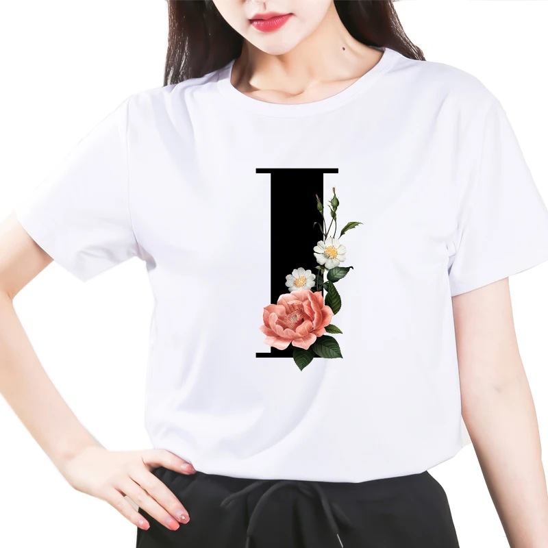 

Custom name 26 letter combination women's High quality printing T-shirt Flower letter Font I Short sleeve Clothes