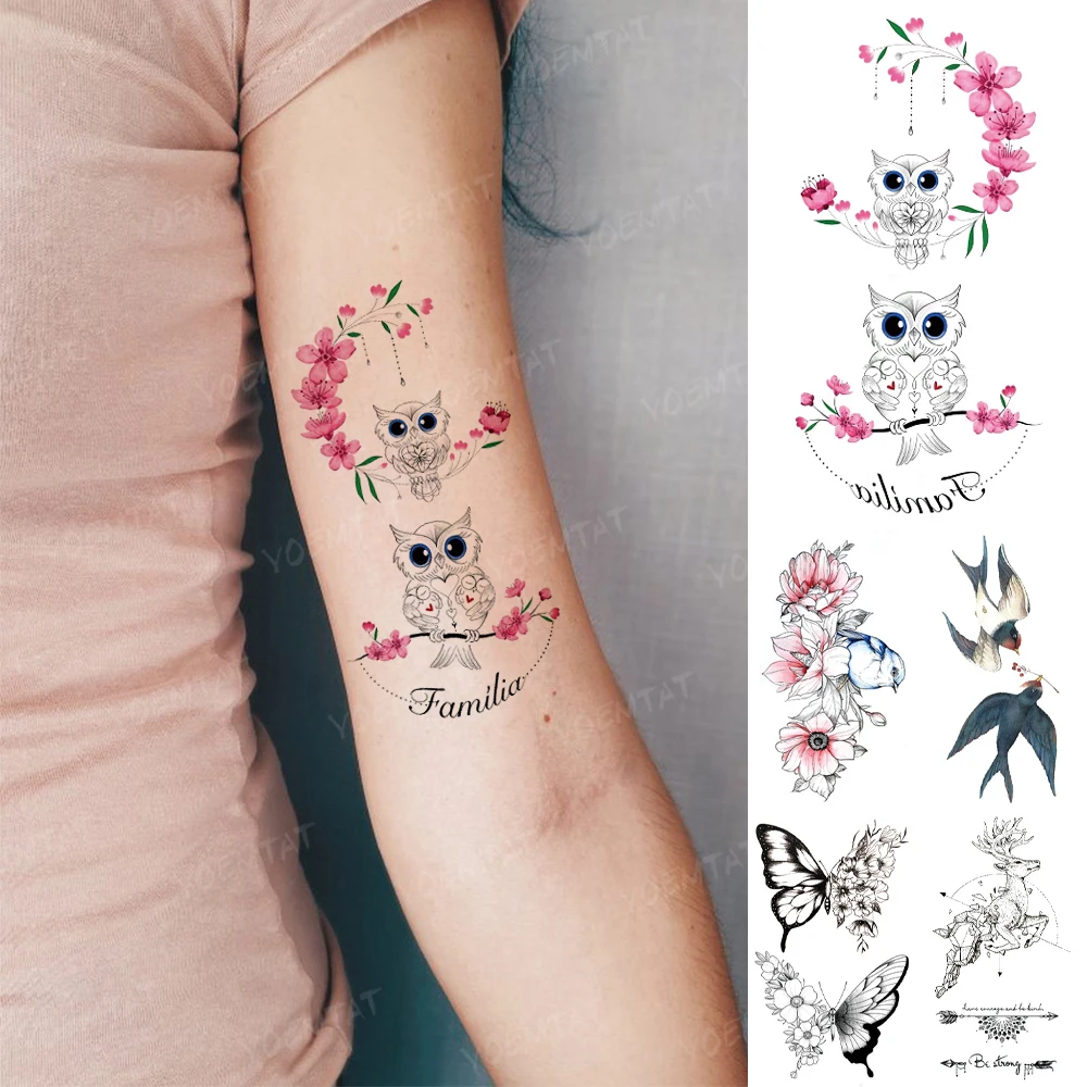 

Owl Lettering Cute Cartoon Wreath Waterproof Temporary Tatto Sticker Pink Black Fake Tatoo Arm Shoulder Man Woman Child Tattoos