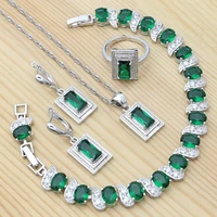 925 silver bridal jewelry set for women wedding green cubic zirconia pendant chain bracelet earring ring set