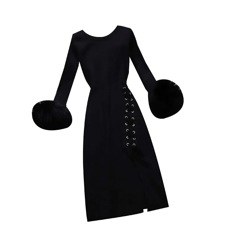 

2020 winter new sweater dress women O-neck long sleeve lace-up knitted Sexy tight buttocks dress female elegant sheath dresses