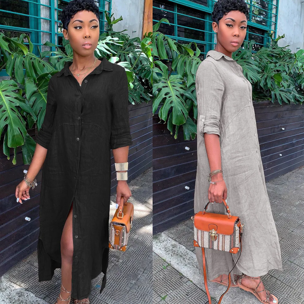 

Женское однобортное платье средней длины, повседневное черное платье с длинным рукавом, V-образным вырезом и отложным воротником, однотонно...