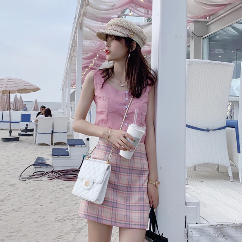 Mishow Летний стильный розовый костюм без рукавов однобортная женская рубашка +