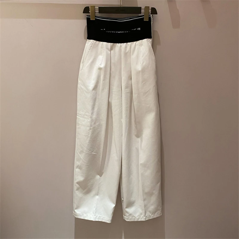 2021 summer new high-quality elastic waist thinner all-match wide-legstraight-leg pants women's loose high-waist casual trousers