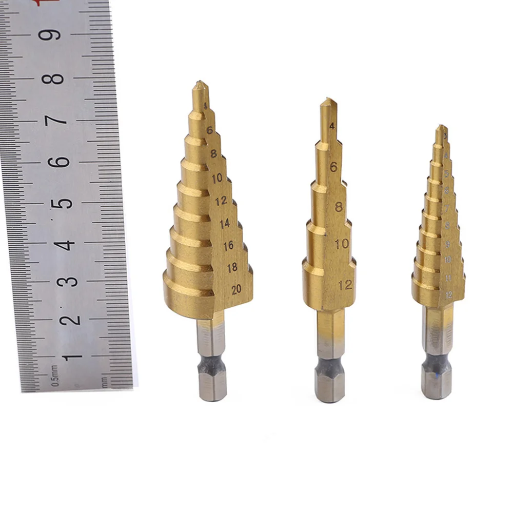 

3 Pcs Titanium Step Drill Bit High Steel Hex with a Bag 13 3 Steps Total 25 Steps