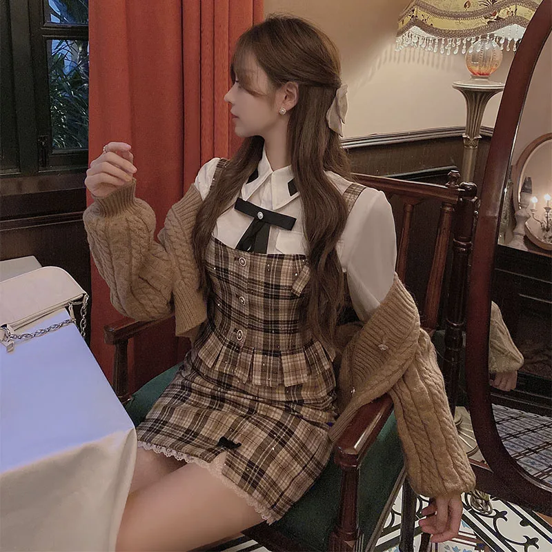 

New Spring Suit Plaid suit Women Long sleeves Vintage Dresses Sweater cardigan
