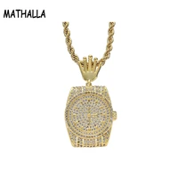 mathalla iced out bling dial watch pendant necklaces pave setting zircon fashion charm pendants necklace hip hop jewelry gifts