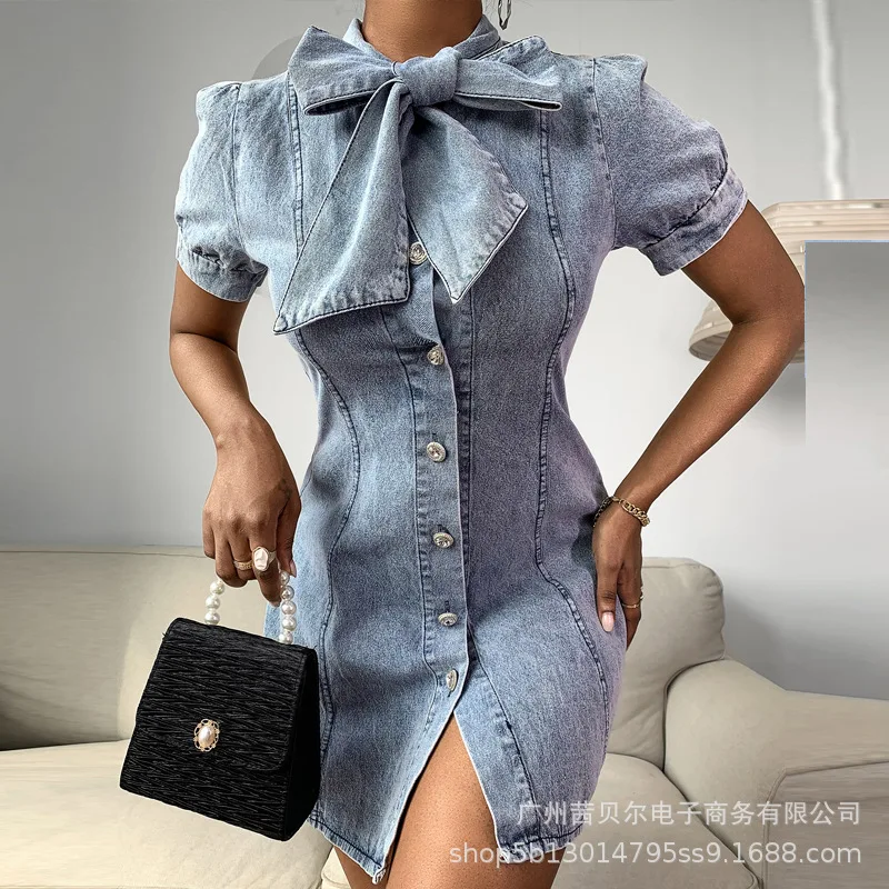 

Mandylandy Summer Casual Short Sleeve O-Neck High Waist Slit Slim-Fit Mini Dress Women's Sexy Bowknot Solid Color Denim Dress