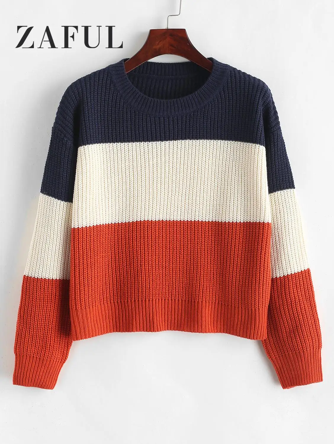 Женский контрастный свитер Zaful зимний Повседневный пуловер в полоску с круглым