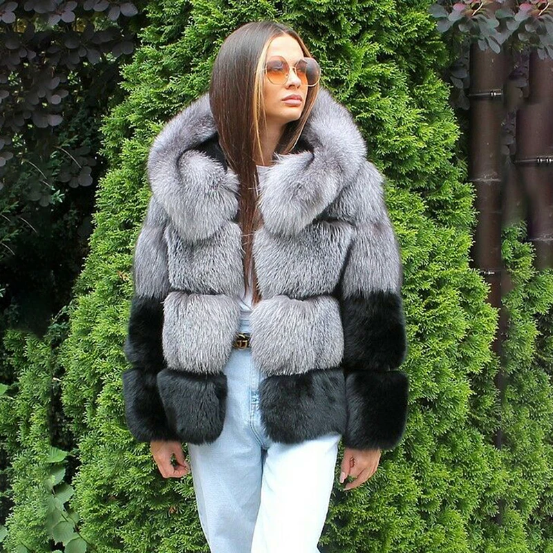 Fashion Silver Fox Fur Jacket with Hood Winter 2022 New Woman Casual Full Pelt Genuine Silver Fox Fur Coat Luxury Fur Overcoats enlarge