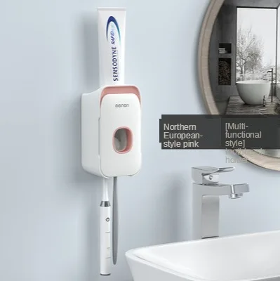 

Automatic Toothpaste Dispenser Dust-Proof Toothbrush Holder With Cups No Nail Wall Mount Stand Shelf Bathroom Organizer Set