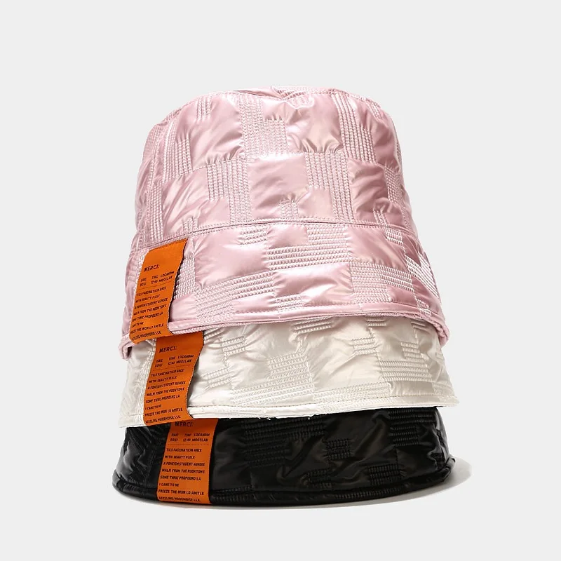 2020 Winter new High quality PU+COTTON Bucket hat for women Outdoor fashion style with labeling thickened warm panama hat Silver