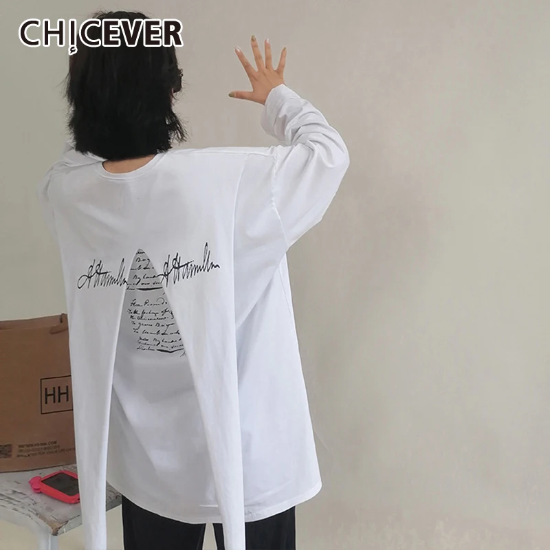 

CHICEVER, уличная футболка для женщин, круглый вырез, свободный, длинный рукав, принт, Сплит, пуловеры для женщин, 2021, осенняя модная одежда, Новин...