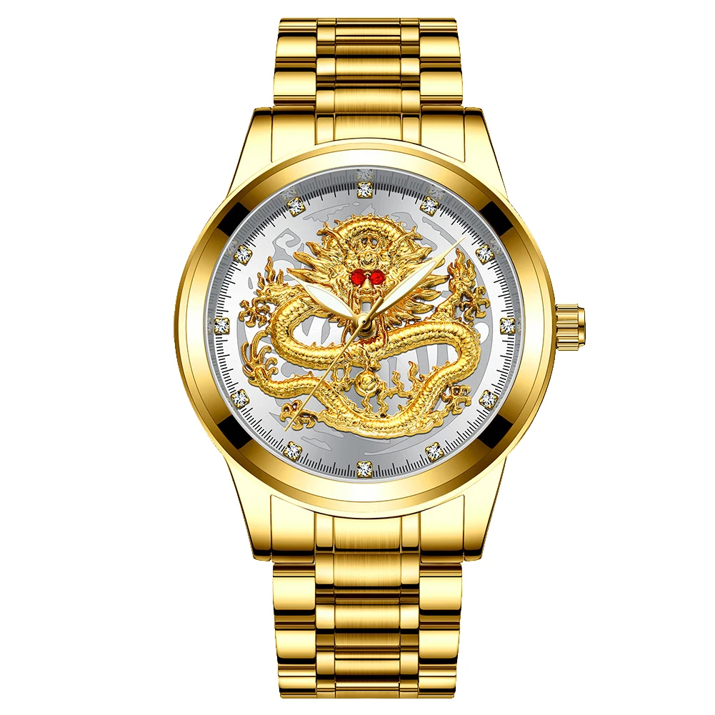 

Fashion Calendar Waterproof Clock Analog Quartz Luxury Wrist Sculpture Stainless Steel Round Dial Gold Dragon Men Watch Luminous