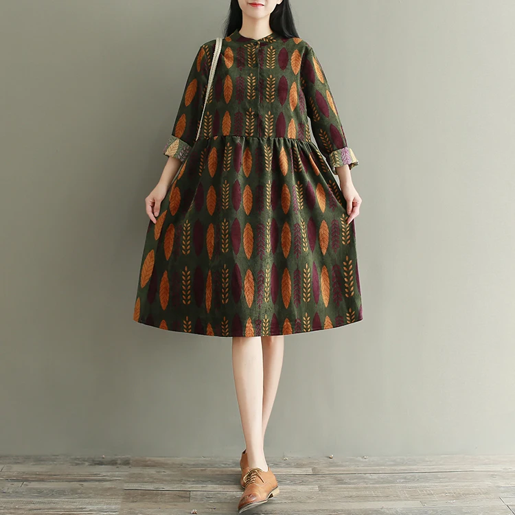 

2019 Spring Autumn Women Corduroy Dress Stand Collar Full Sleeve Printed Vintage Loose Cute Dress Casual Vestidos Robe Femm 2XL