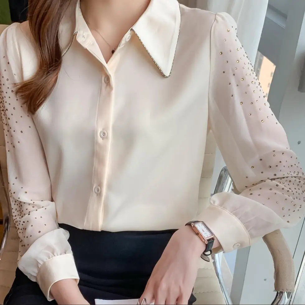 

Summer New Women's Blouses Polo Shirt Long Sleeve Top Lady Loose Solid Chiffon Casual Fashion Clothing Houthion