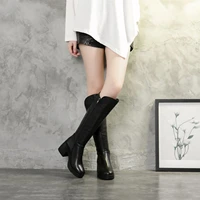 women leather handmade knee length boots with chunky heel short plush lining