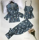 Пижамный комплект Женский из 3 предметов, пикантный Шелковый пижамный комплект, атласный костюм для сна, домашняя одежда для сна, милый Ночной костюм, весна-лето 2020
