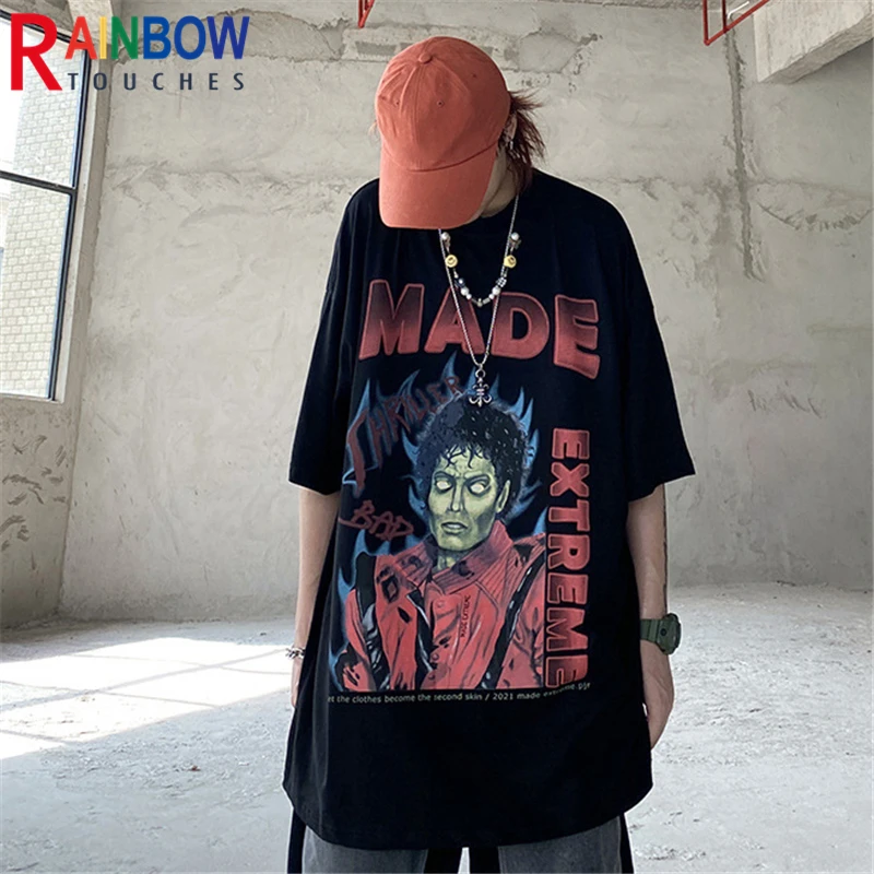 

Rainbowtouhes T-shirt Unisex High Street Hip Hop Figure Print Cotton Short Sleeve Loose Casual Trendy Top Superior Quality