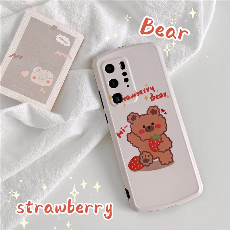 Милый чехол для телефона с рисунком медведя клубники Huawei P 30 40 Pro Nova 5 6 7 Mate Honor V