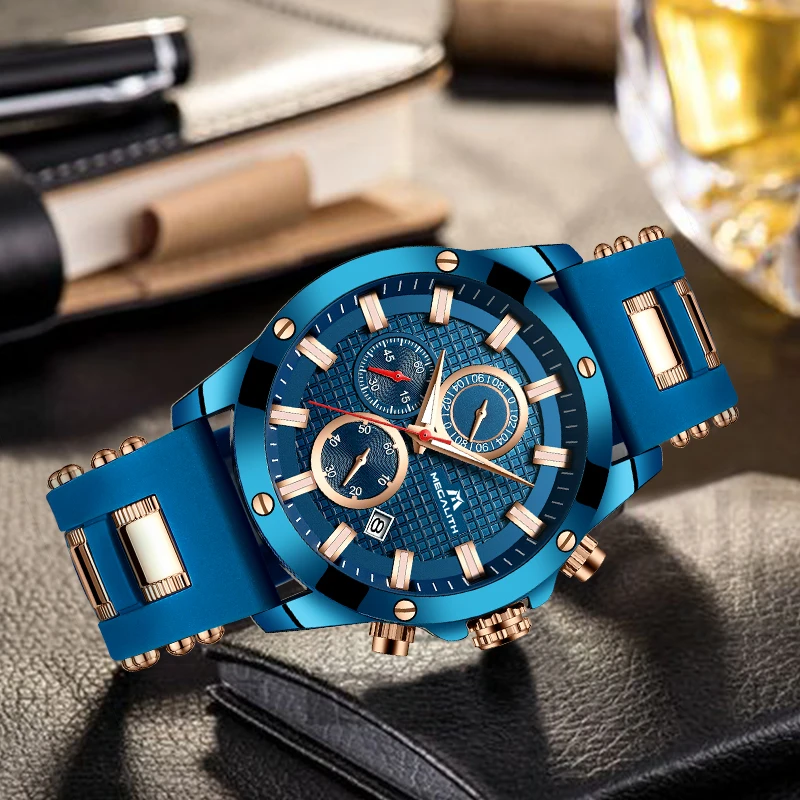 Мужские кварцевые часы MEGALITH синие водонепроницаемые с резиновым ремешком 0140 2019 |