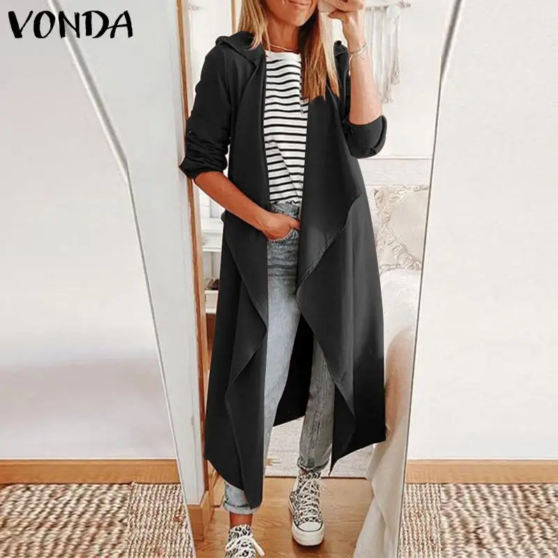

Куртка VONDA Женская с длинным рукавом, свободный Тренч с открытой передней частью, Элегантное длинное пальто, Пляжная верхняя одежда оверсай...