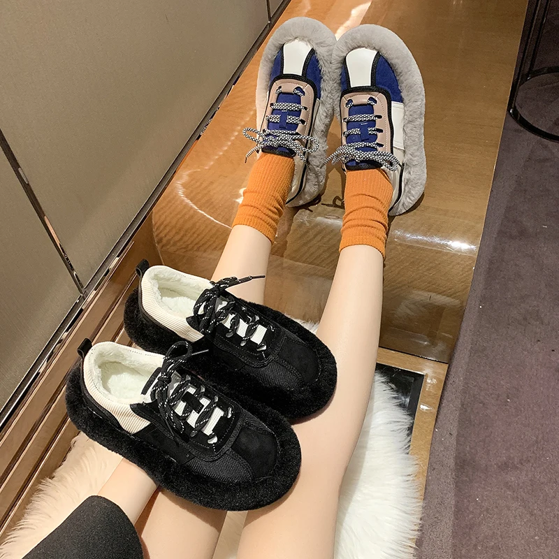 

Fashion Womens Lamb Cashmere Sneakers Women Plush Fur Shoes Women Ladies Casual Platform Flats Female Outside Sneakers Femme