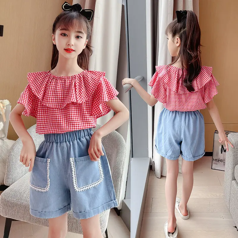 

Kids Shorts Set for Girls Clothes 2021 Summer Short Red Plaid Shirt Denim Shorts Two-Piece Teen Outfits Children Clothing 10 12Y