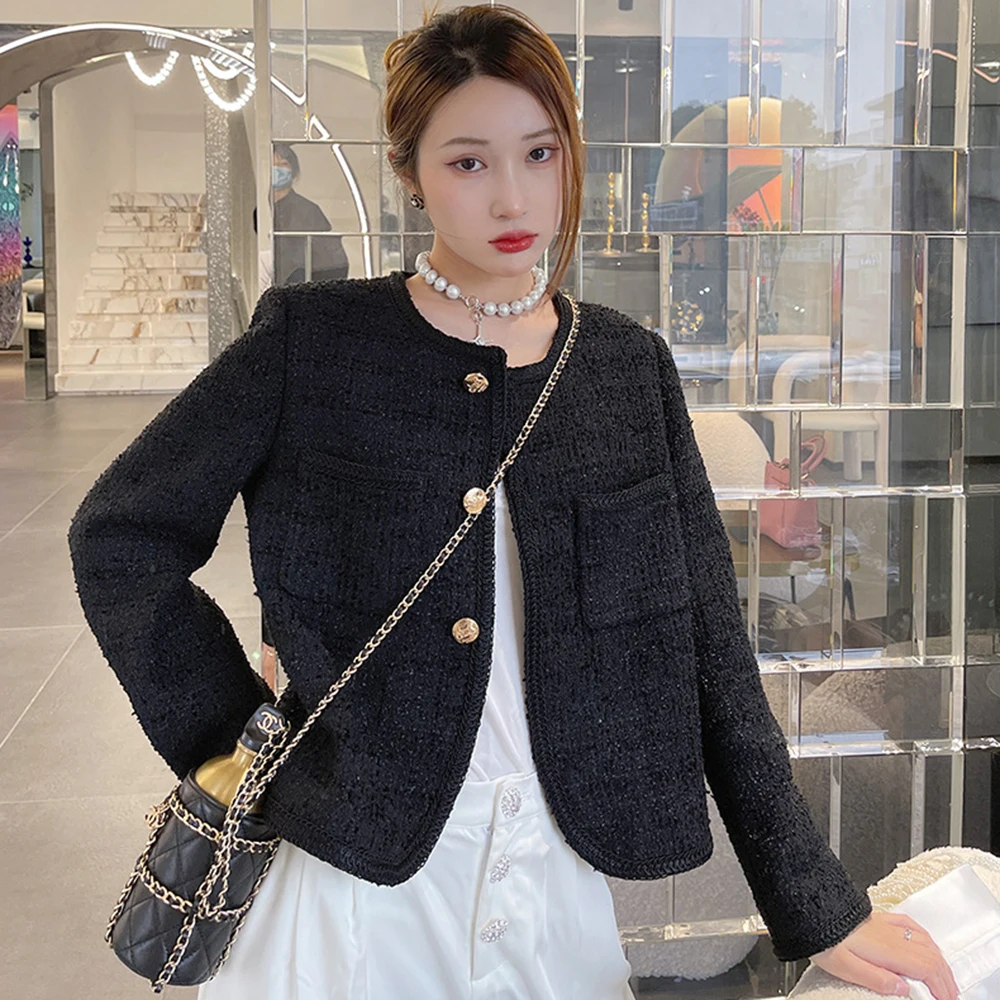

2021 Spring Autumn Brand Designer Black Jacket Women Round Neck Single Breasted Short Tweed Jacket Coat Outwear
