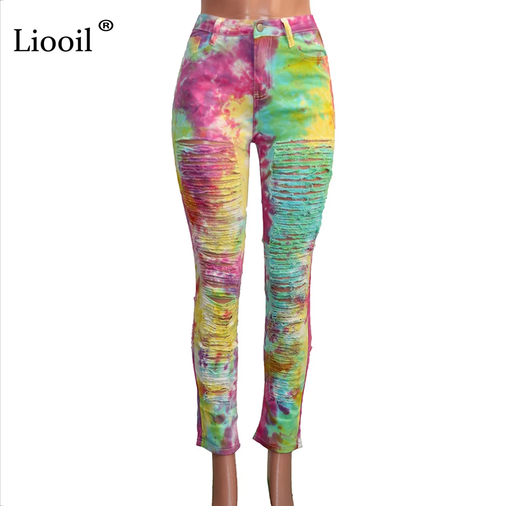 

Liooil Plus Size Tie Dye Sexy Ripped Jeans For Women With Pockets High Waist Holes Trousers Wash Distressed Skinny Denim Pants