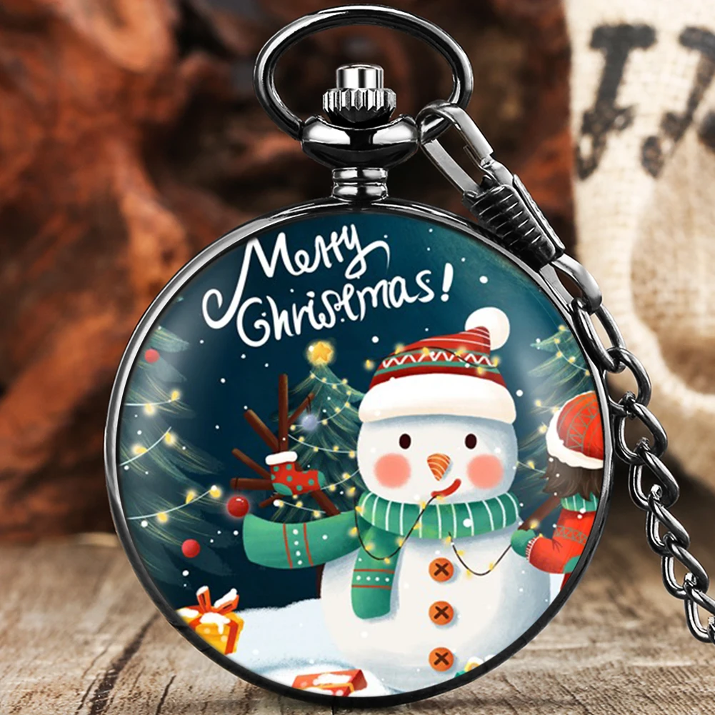 

Black Merry Christmas Pocket Watch Vintage Antique Retro Analog Quartz Watches Santa Claus Necklace Chain Pendant Gift